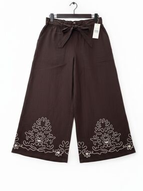 🆕️ Calypso St. Barth Embroidered Brown Linen Rayon Wide Leg Pants Womens Large